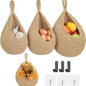 Boho Wall Hanging Fruit Baskets for Kitchen 3 Pack Woven Produce Holder with 6 P
